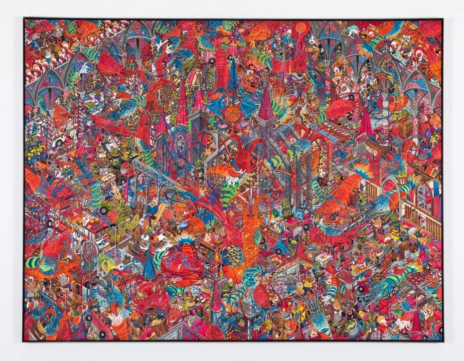 Hun Kyu Kim, Bluish Red, 2025, Hand painted pigment on silk, 165 × 215 cm. Courtesy of the artist and Perrotin