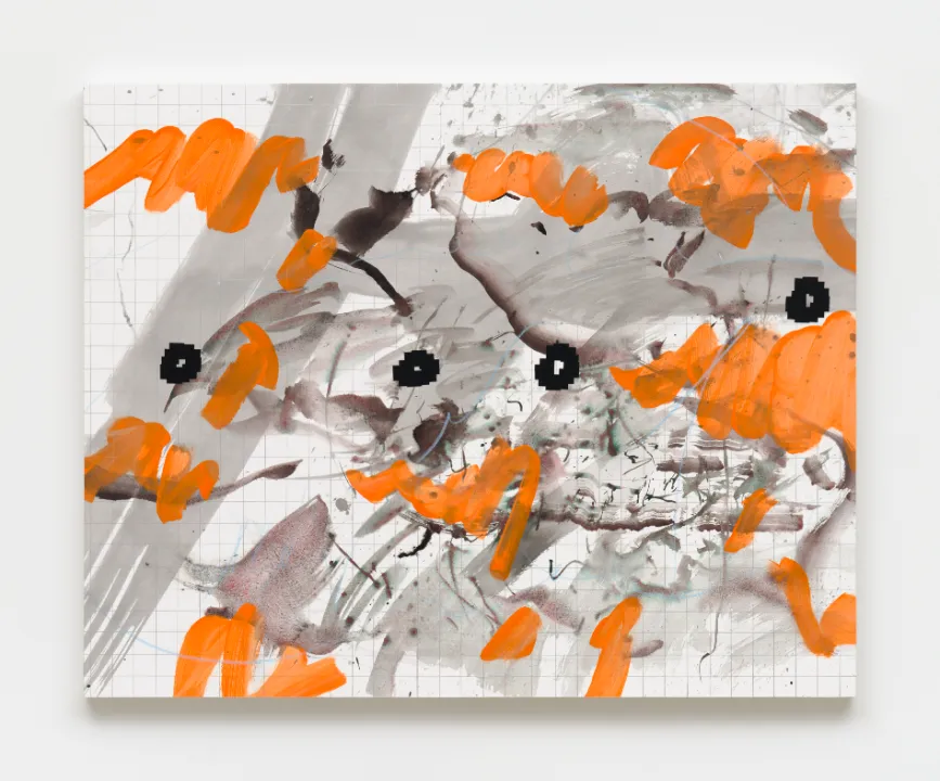 박현정 Hyunjung Park, Image 195, 2024, 종이에 아크릴릭, 먹, 수채, 스티커, 60.5 x 87.5 cm © Courtesy of the artist