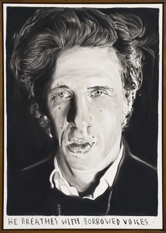 리너스 반 데 벨데, <그는 빌린 목소리로 숨을 쉰다.>, 2025, 캔버스에 목탄, 120 x 85 cm, 갤러리바톤 제공