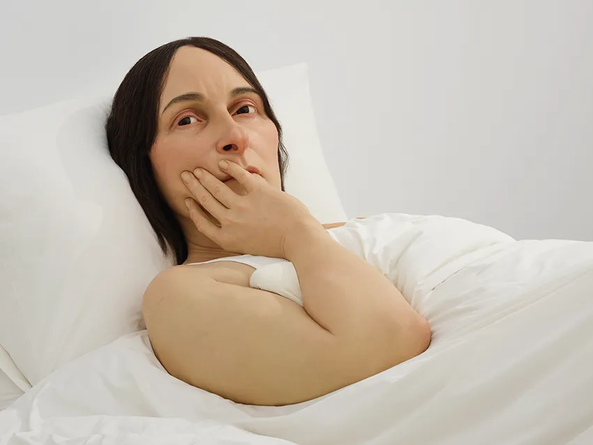 ロン・ミュエク《イン・ベッド》2005年, ミクストメディア, 162 × 650 × 395 cm 所蔵:カルティエ現代美術財団 展示風景:「ロン・ミュエク」韓国国立現代美術館ソウル館 2025 年 撮影:ナム・キヨン 画像提供:カルティエ現代美術財団、韓国国立現代美術館