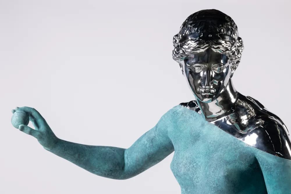 #A01   Daniel Arsham Amalgamized Venus of Arles, 2023 Patinated bronze, polished bronze, stainless steel 200 × 90.9 × 72.8 cm  Courtesy of the artist and Perrotin