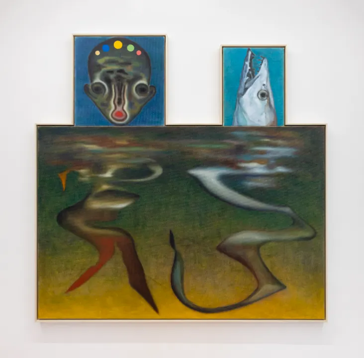 #A01   Izumi Kato Untitled, 2025, Oil on canvas, frame 191.5 x 194.5 cm | 75 3/8 x 76 9/16 inches  Upper left canvas : 61 x 61 cm | 24 1/16 x 24 1/16 inches  Upper right canvas : 53 x 41 cm | 20 7/8 x 16 1/8 inches  Lower canvas : 130.5 x 194.5 cm | 51 3/8 x 76 9/16 inches ©2025 Izumi Kato. Courtesy of the artist and Perrotin.