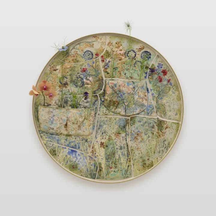 Sam Falls サム・フォールズ, There is Nothing You Can See That Is Not a Flower, There is Nothing You Can Think That Is Not the Moon (Bashō), glazed ceramic with glass in brass frame, flowers, water, φ 83.2 x d. 6.8 cm ©︎Sam Falls