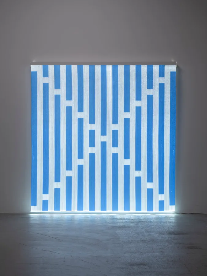 Fibres optiques - Bleu clair J2, 2013, Optical fibre fabric, white LED + coloured screen printing, white paint, oven-lacquered metal casing, electrical components, 217.5×217.5cm Photo by Nobutada Omote