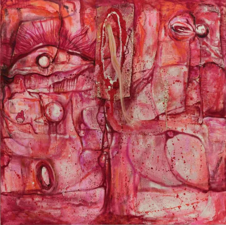 Jang Pa, Pinky Velvet Wound, 2025, Oil, Jute, Gauze, Human Hair on linen, 91 x 91 cm (Image courtesy of KICHE and Jang Pa)