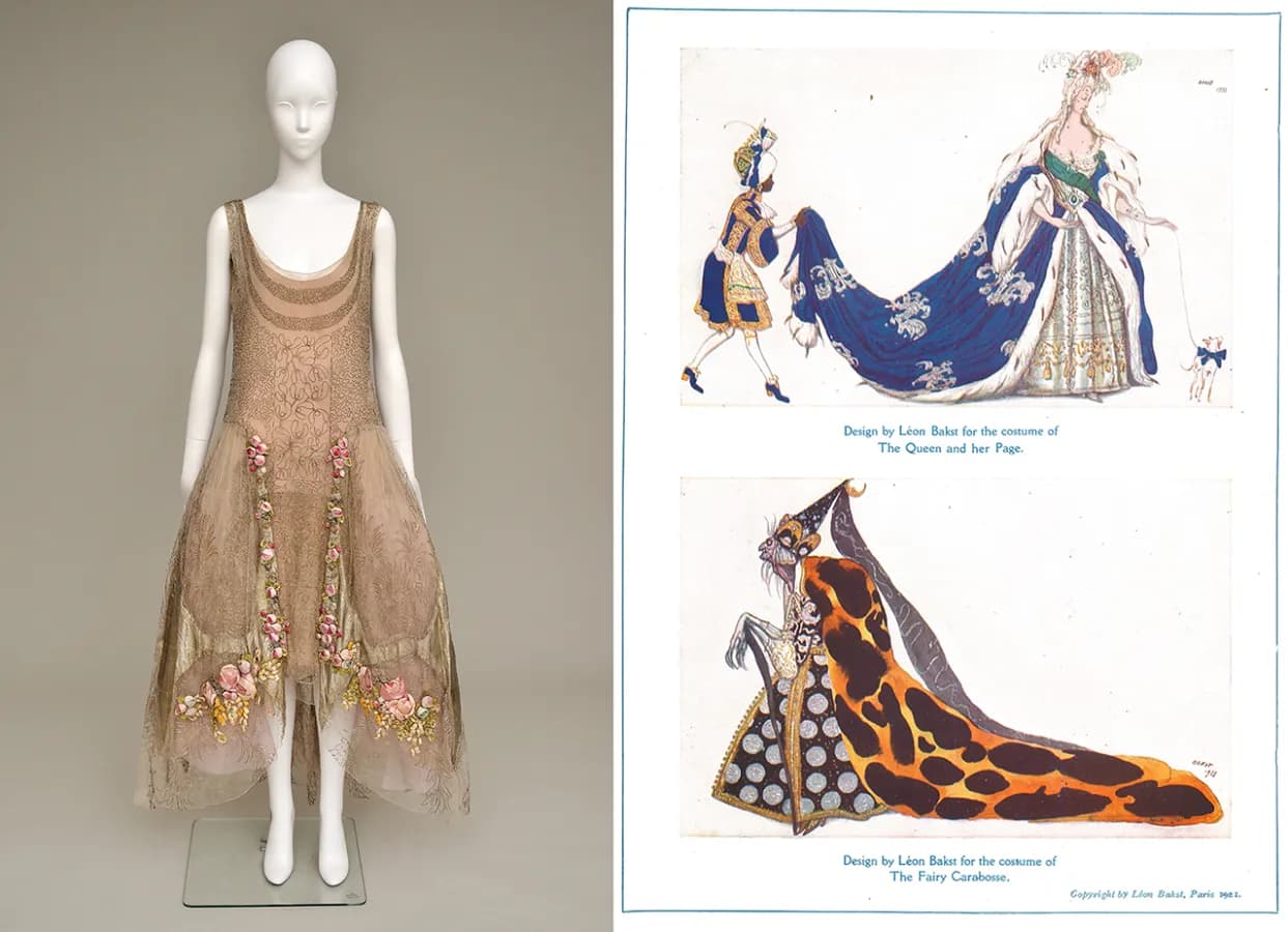 (左から)ブーエ姉妹《イヴニング・ドレス》1920年代 共立女子大学博物館蔵、《バレエ・リュス公式プログラム『眠り姫』》イギリス:アルハンブラ劇場 1921年 兵庫県⽴芸術⽂化センター 薄井憲⼆バレエ・コレクション
