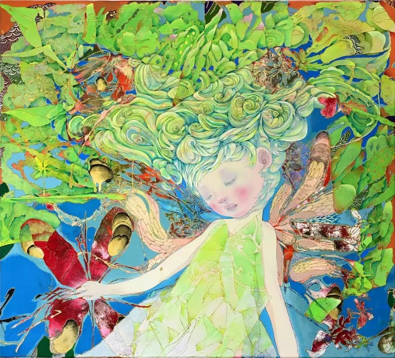 " Green Noiseと赤い蝶々 " mixed media 83×92.5cm 2025