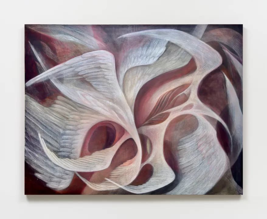 이산오 Lee Sanoh, 가시깃 Blood Feather, 2025, 종이에 색연필, 수채, 먹, 파스텔, 안료, 91 x 116.7 cm © Courtesy of the artist