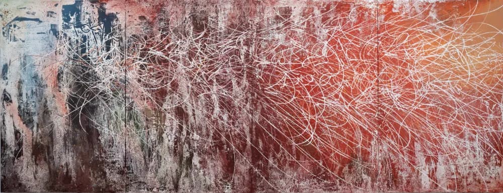 José Parlá Morning Blossoms Over Tokyo (Multiversal) 2025 6 x 16 feet (182.8 x 487.6 cm) quadriptych Acrylic, oil paint, plaster and collage on canvas